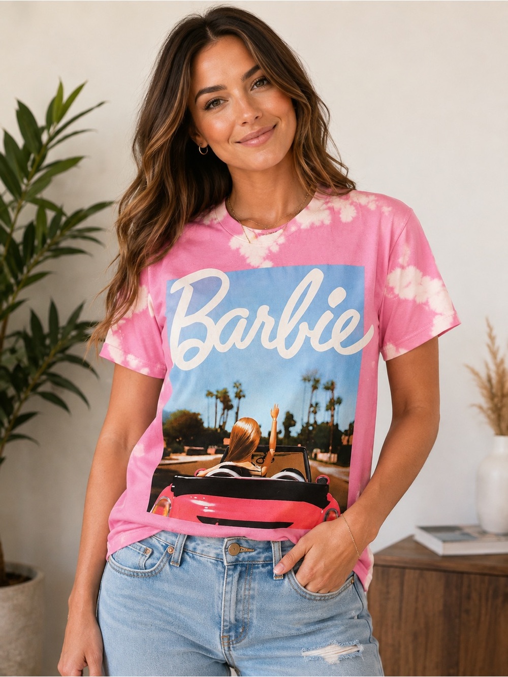 Mattel Barbie Pink Tie-Dye Graphic Tee with Blue Panel